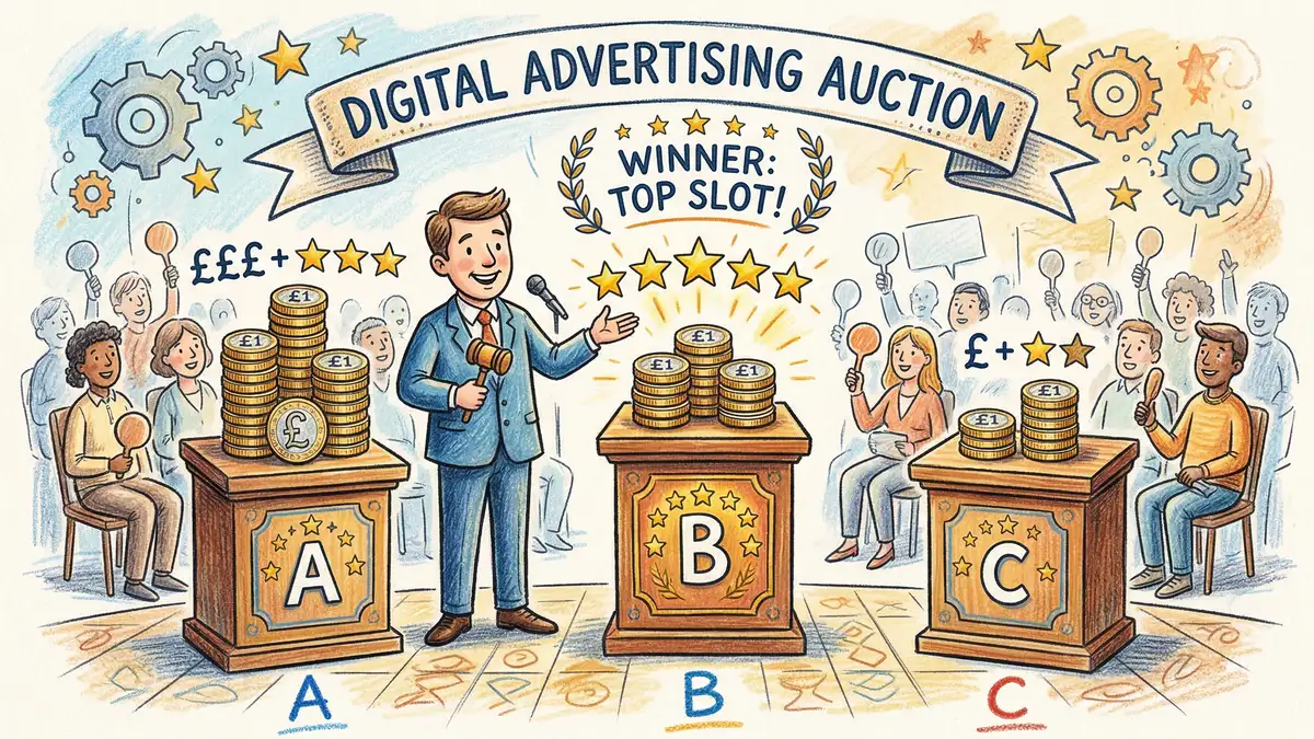 Illustration showing how the Google Ads auction system determines ad rank and cost per click for UK advertisers