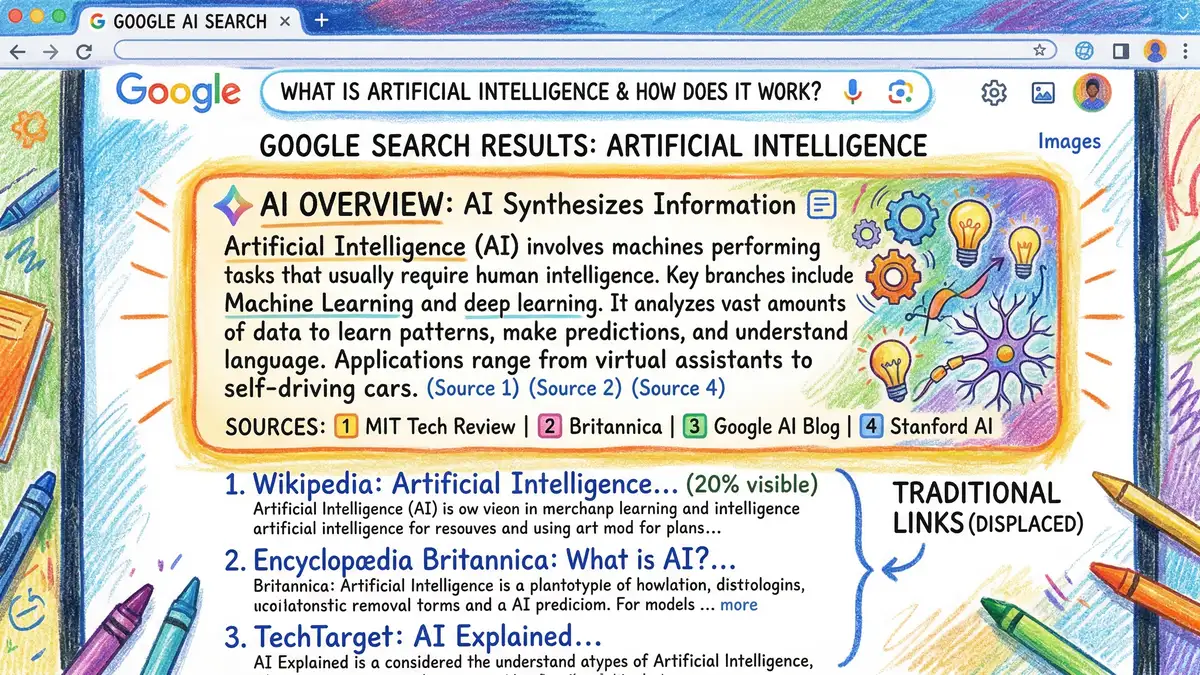 Google AI Overview panel synthesising information from multiple websites at top of search results