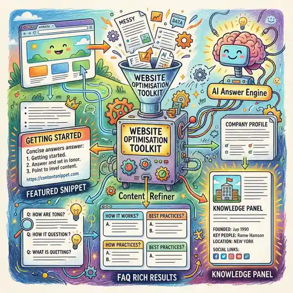 Content being restructured for AI answer engines with featured snippets and FAQ rich results