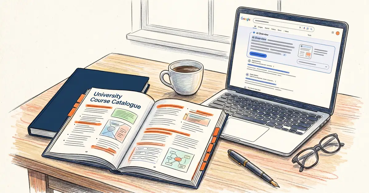 University course catalogue and prospectus open beside a laptop showing AI Overview results for higher education search queries