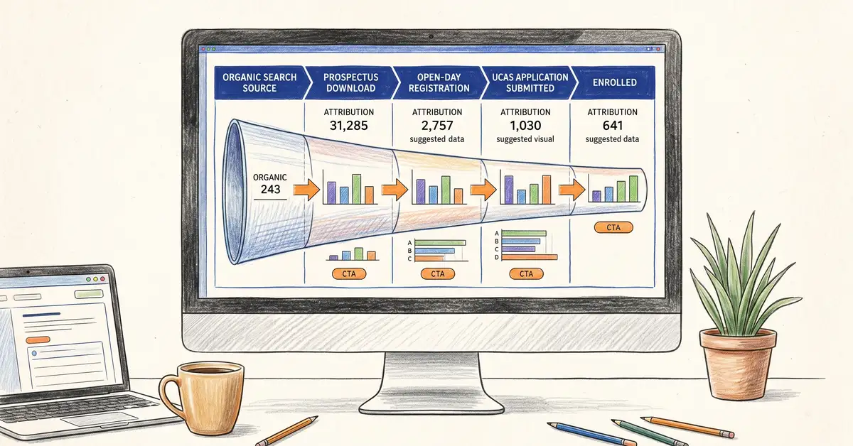 HubSpot CRM dashboard showing organic search attribution from prospectus download through to UCAS application and enrolment for a UK university