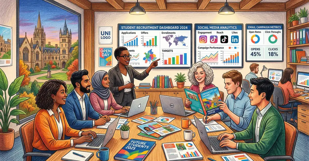 University marketing team collaborating on student recruitment campaigns with analytics dashboards