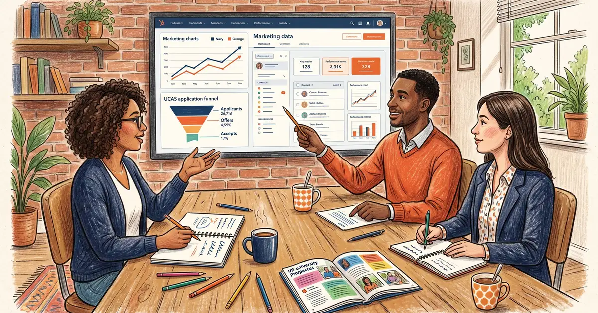 UK university marketing team reviewing organic search performance and UCAS application data on a HubSpot dashboard