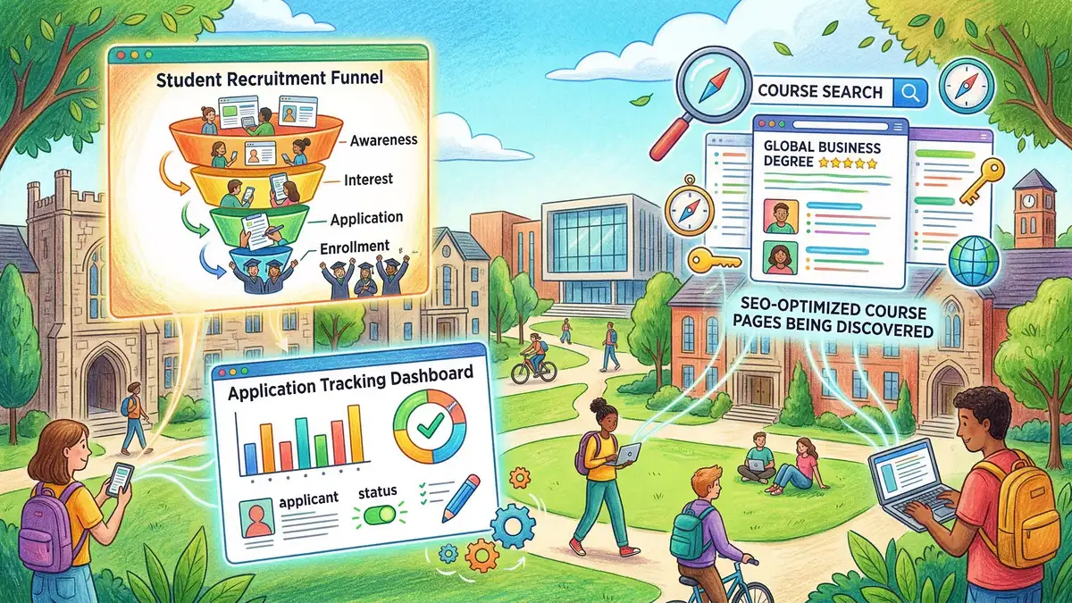 University campus with digital marketing overlay showing student recruitment funnel and SEO