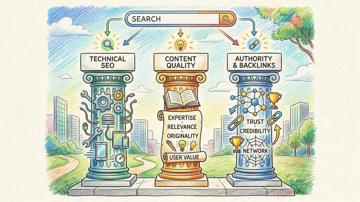 Three pillars of modern SEO: technical foundation, content relevance, and authority signals