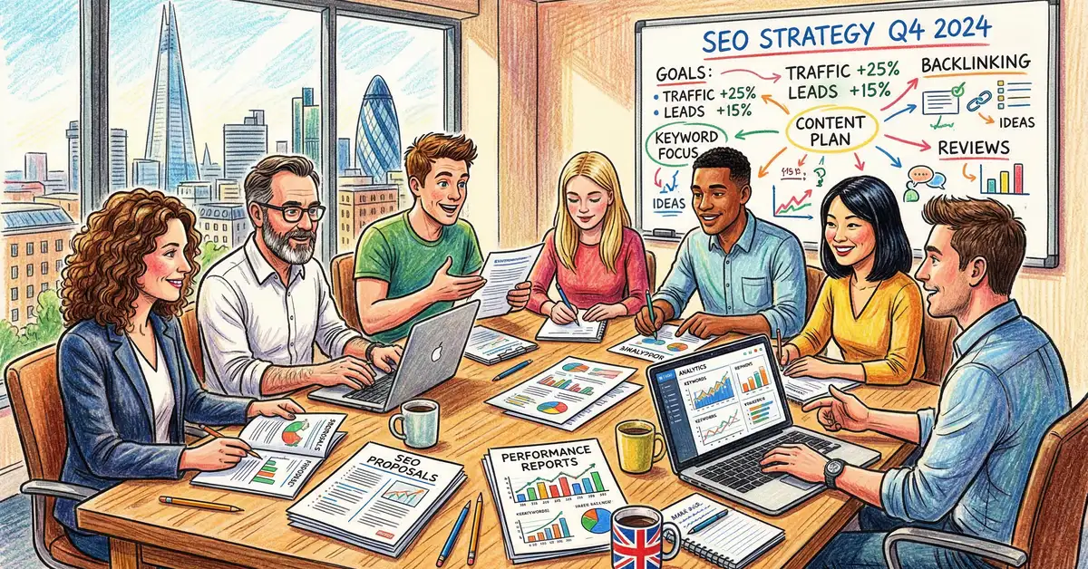 UK business team reviewing SEO agency proposals and performance dashboards during a strategy meeting