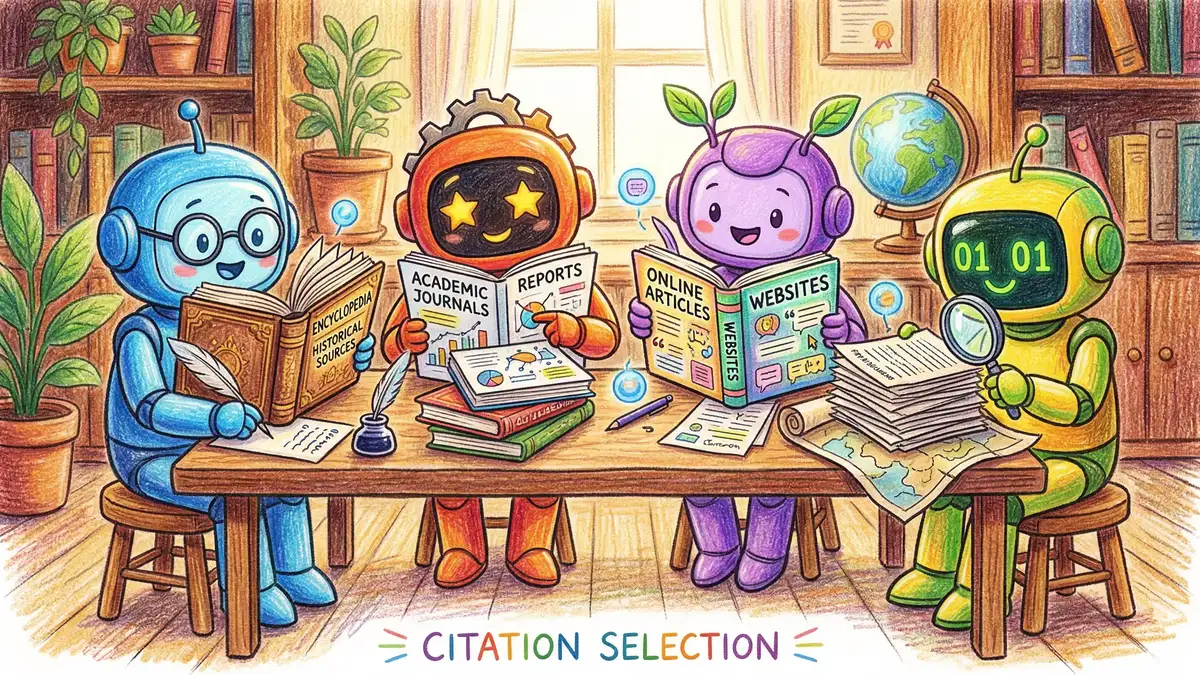 Pencil crayon illustration of four different AI assistants each reading from different source documents, representing how AI platforms select citations differently