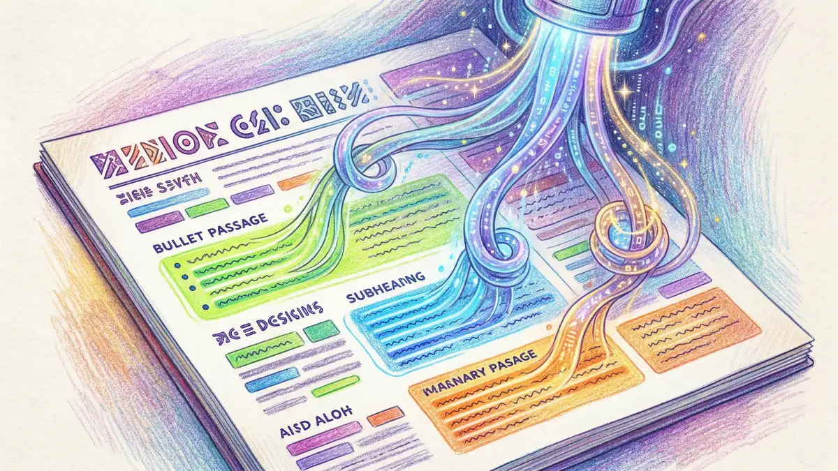 Colourful pencil crayon illustration showing a well-structured article with highlighted passages being extracted by AI systems, representing how content structure affects AI citation