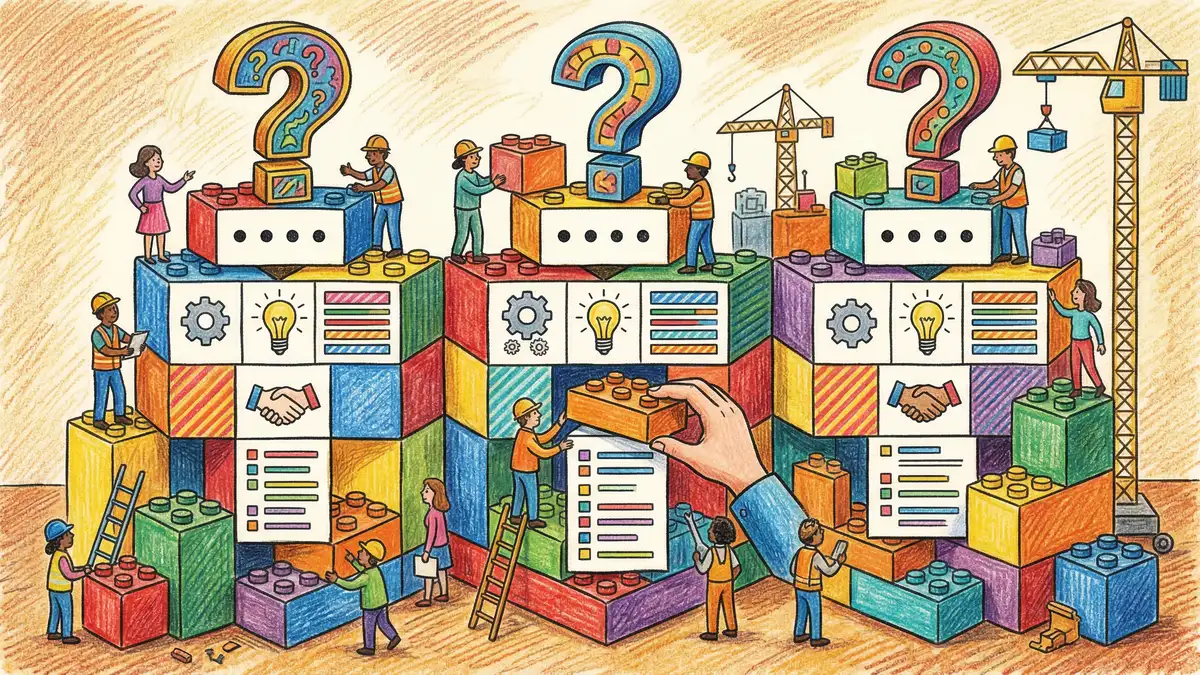 Pencil crayon illustration of building blocks being assembled into a structured content format with question headings and answer passages