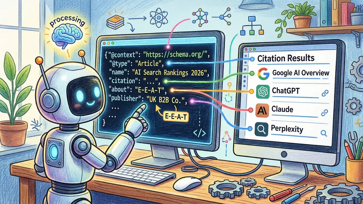 Pencil crayon illustration of schema markup code being read by an AI system, with structured data connecting to citation results