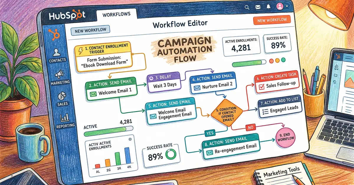 HubSpot workflow automation dashboard showing connected workflow nodes and triggers for B2B marketing operations