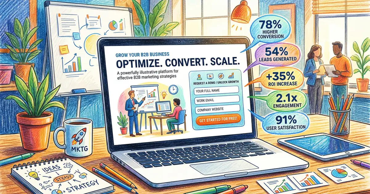 High-converting B2B landing page design on laptop screen showing conversion metrics and lead capture form