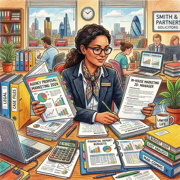 UK solicitor comparing marketing agency proposals and in-house team job descriptions at desk with calculator and financial reports