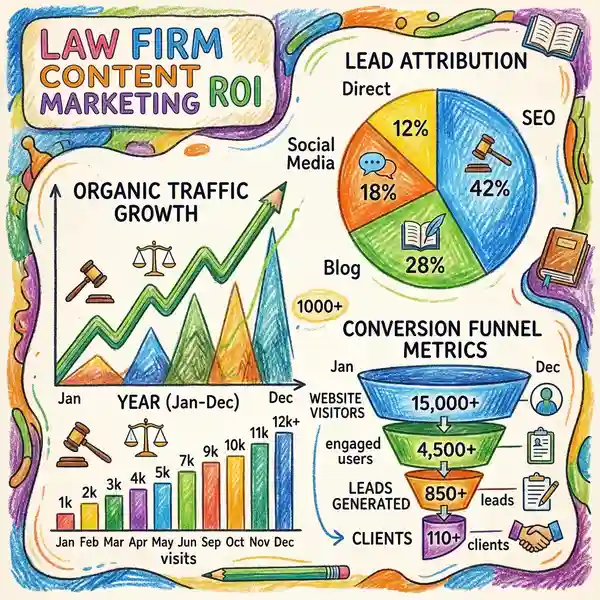 Law firm content marketing ROI analytics dashboard showing organic traffic growth charts, lead attribution and conversion funnel metrics
