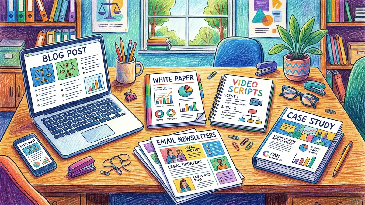 Different content marketing formats for UK law firms including blog posts, whitepapers, video scripts, email newsletters and case study documents arranged on professional desk