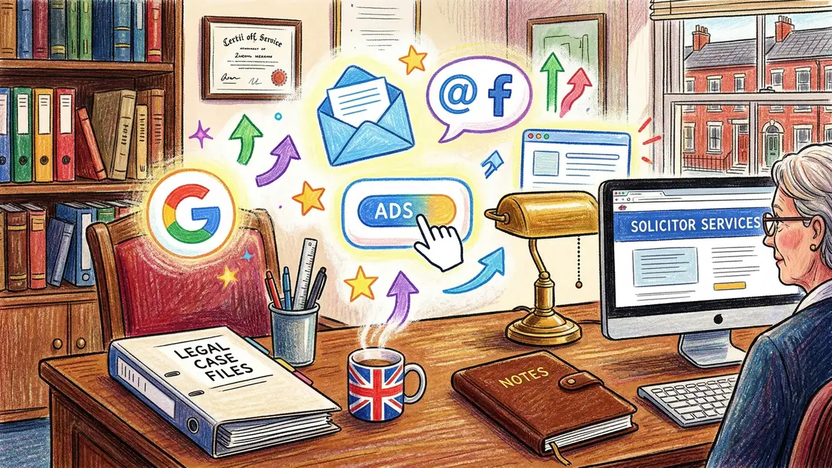 Multiple digital marketing channel icons including search engine, email, social media, and website symbols surrounding a UK solicitor's office desk