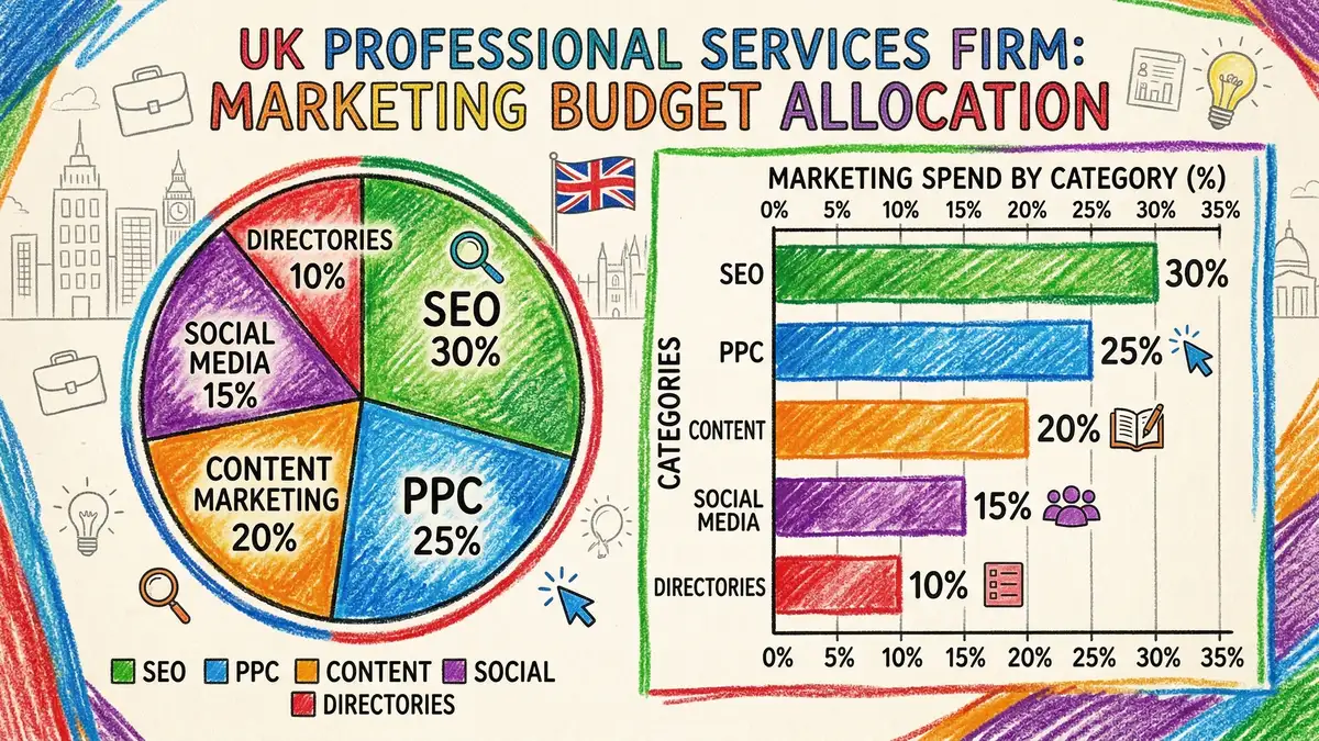 Marketing budget allocation breakdown showing SEO, PPC, content, social media and directory spend percentages for UK law firms on colourful pie chart and bar graph