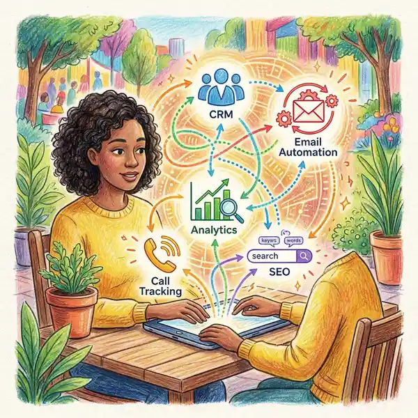 Marketing technology stack showing CRM, email automation, analytics, call tracking and SEO tools interconnected on tablet screen