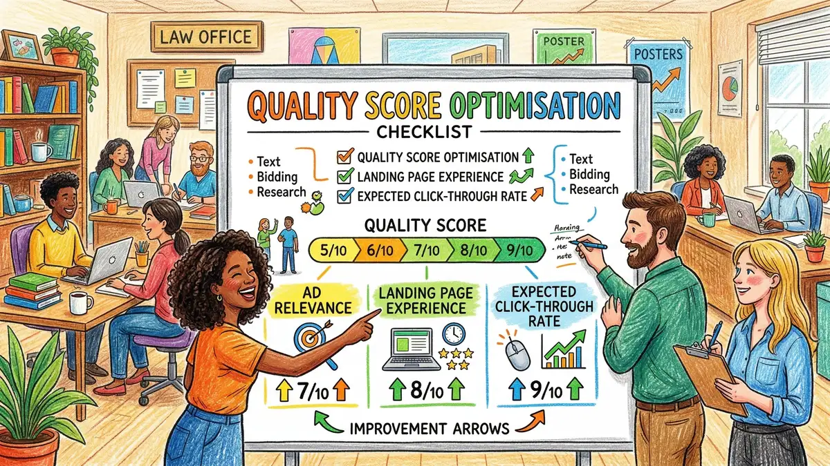 Quality Score optimisation checklist on whiteboard showing ad relevance, landing page experience and expected click-through rate metrics with improvement arrows