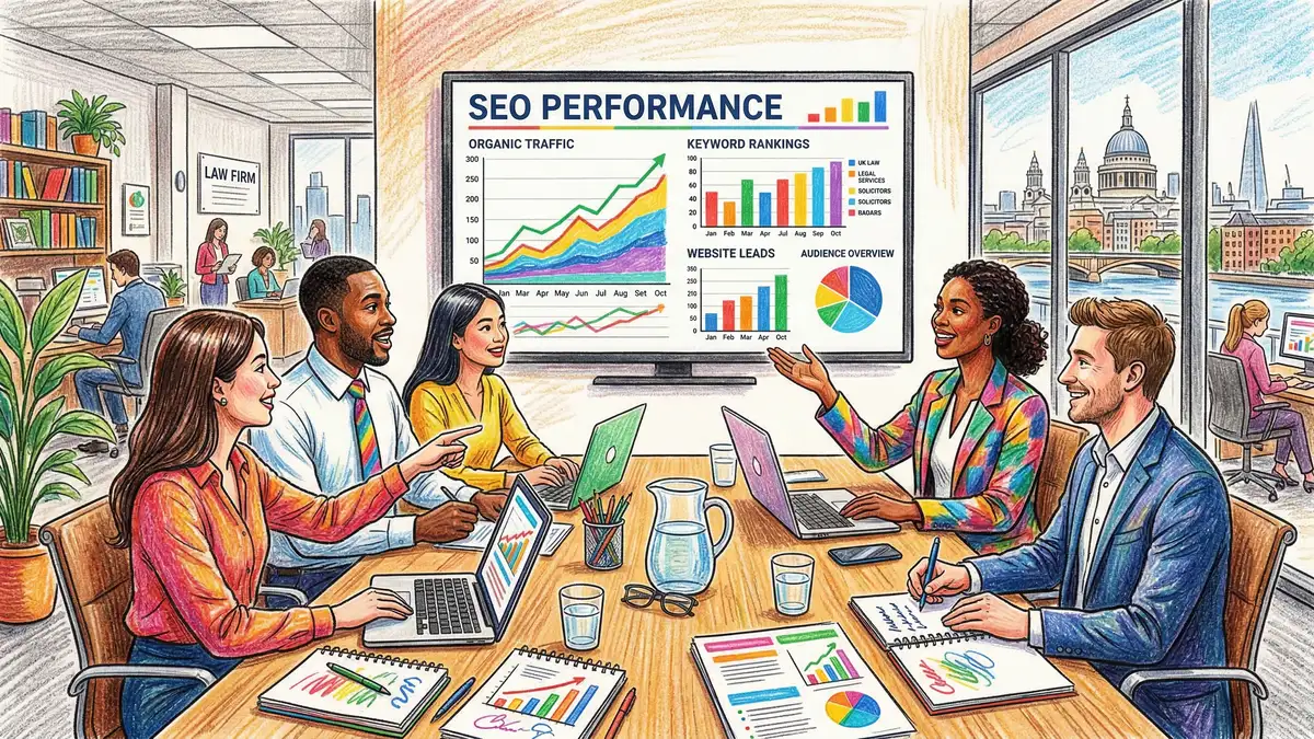 UK law firm marketing team reviewing SEO performance charts and analytics dashboards during a strategy meeting in a professional office