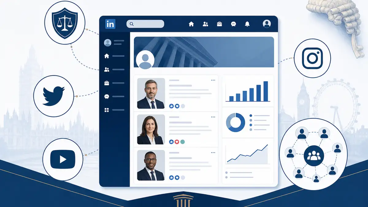 UK solicitors collaborating on a 2026 social media marketing strategy at a London law firm boardroom with LinkedIn analytics dashboard on screen
