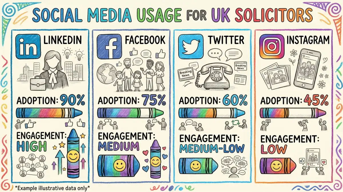 Social media platform comparison chart for UK solicitors showing LinkedIn, Facebook, Twitter and Instagram adoption rates and engagement benchmarks