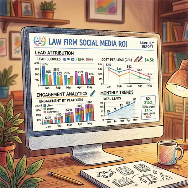 Law firm social media ROI dashboard showing lead attribution metrics, cost per lead graphs, and monthly engagement analytics trends