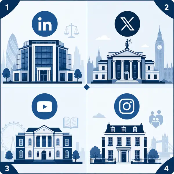 Social media platform decision matrix for UK solicitors comparing LinkedIn, Instagram, Twitter and Facebook across audience, practice area, and content format