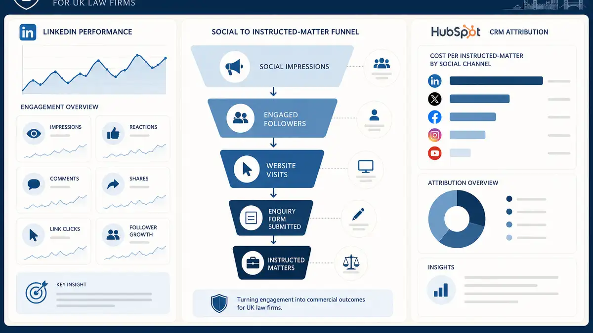 Law firm social media ROI measurement dashboard showing lead attribution, cost per qualified instruction, and 12-month CRM trend lines for a UK solicitor practice