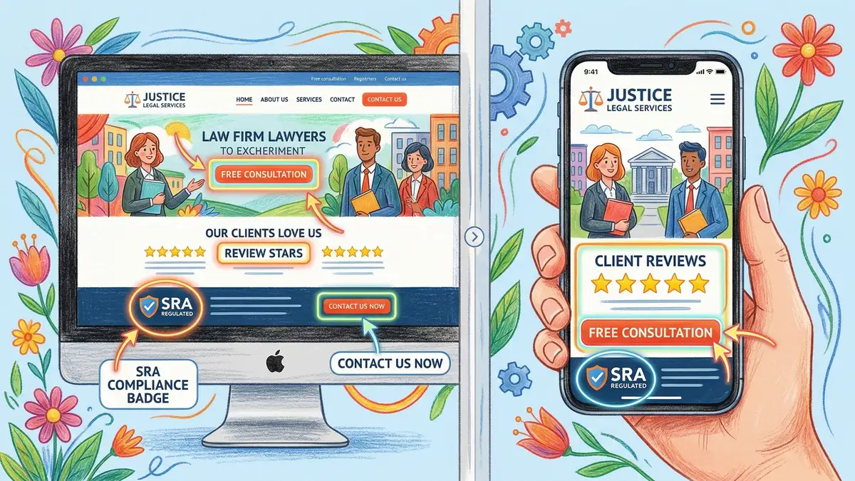 Law firm website on desktop and mobile showing conversion elements including call-to-action buttons, review stars, and SRA compliance badge