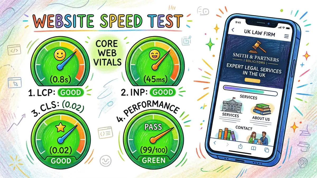 Website speed test dashboard showing Core Web Vitals metrics alongside a UK law firm website loading on a mobile phone