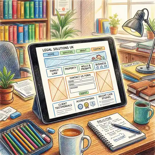 Law firm website on a tablet showing professional trust signals including SRA badge, client reviews, and solicitor headshots