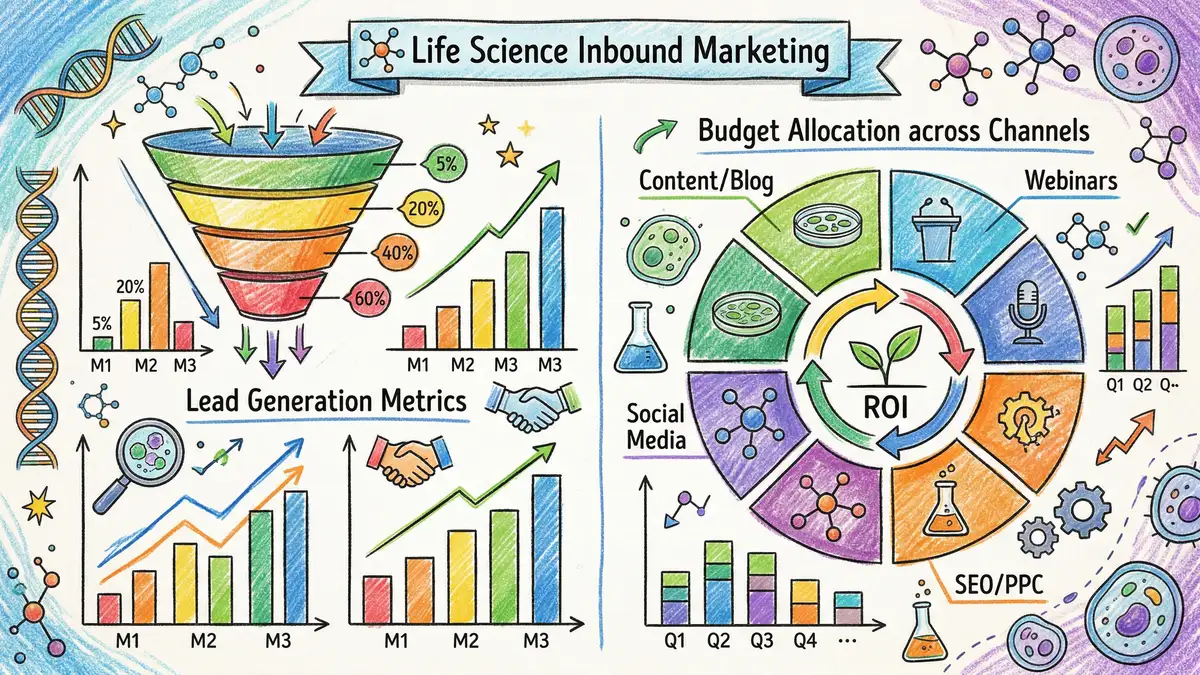 Life science inbound marketing ROI dashboard showing lead generation metrics and conversion funnel