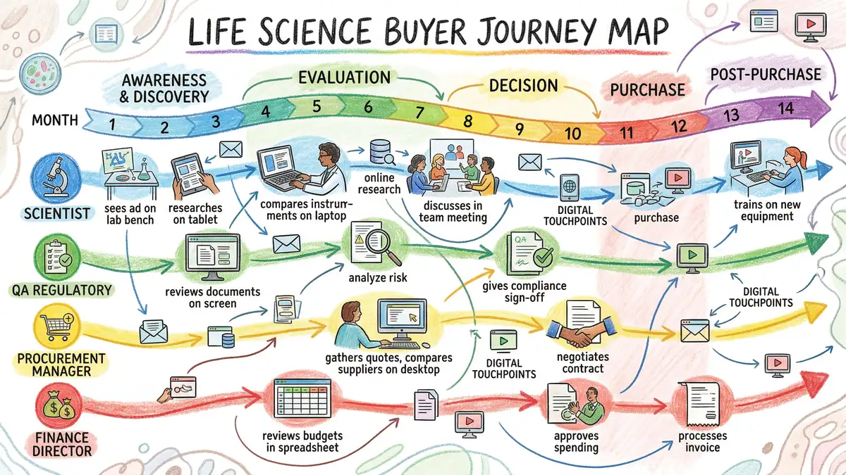 Life science buyer journey mapping content to scientist, QA/regulatory, procurement and finance stakeholders