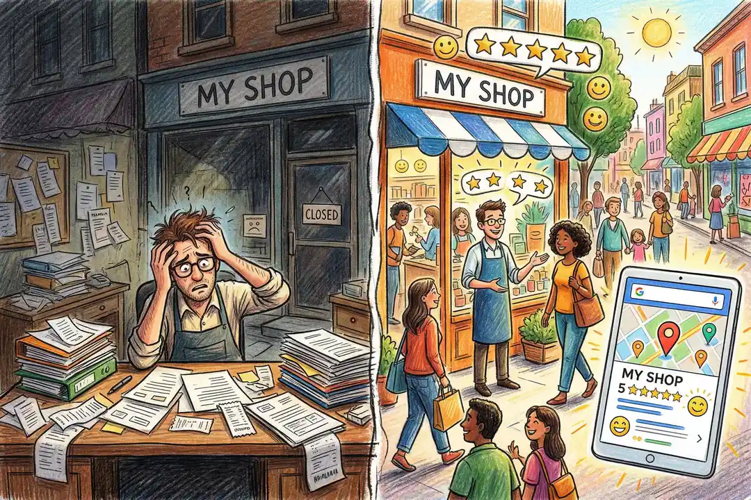 Before and after comparison showing a local business transforming from empty storefront to thriving shop with Google Maps visibility and five-star reviews