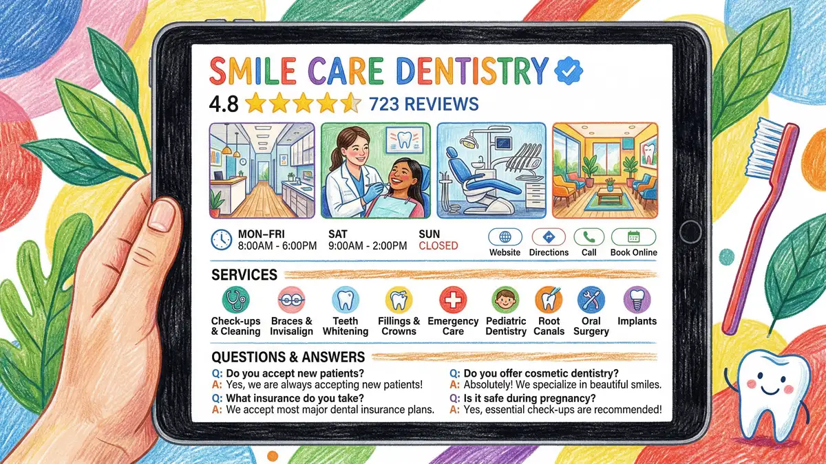 Pencil illustration of a dental practice Google Business Profile listing showing photos reviews and contact details