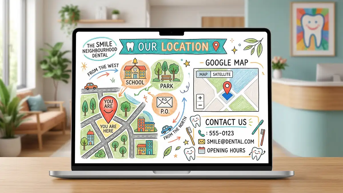Pencil sketch of a dental practice location page with map neighbourhood landmarks and local content elements