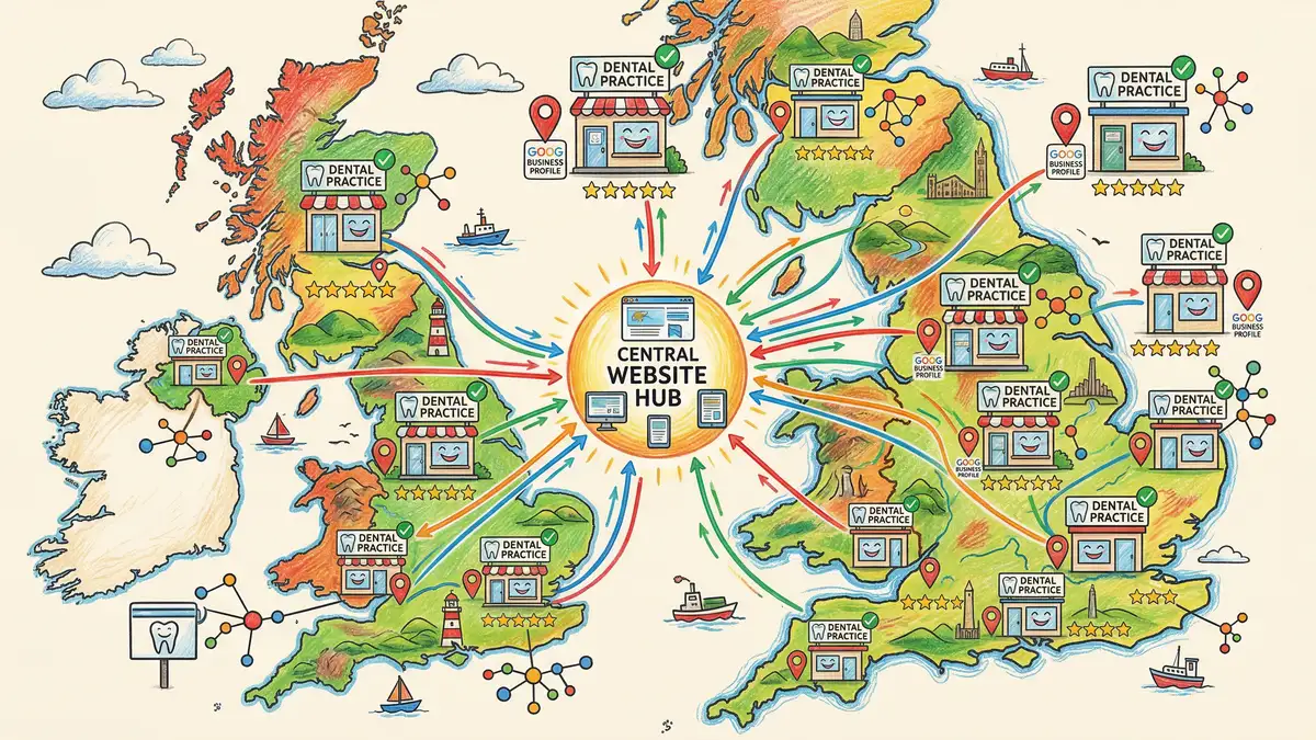 Illustrated map showing multiple dental practice locations with separate Google Business Profiles and local citation networks