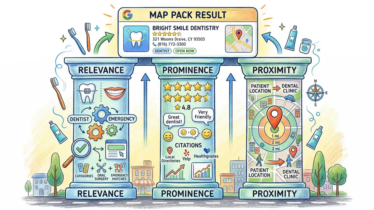 Illustrated diagram showing how Google ranks dental practices in the local Map Pack using relevance prominence and proximity signals