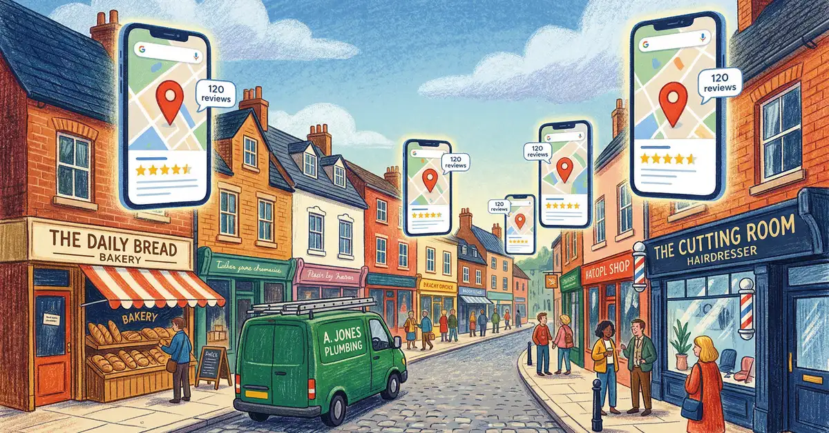 Colourful pencil crayon illustration of a UK high street with small businesses and mobile phones showing Google Maps local search results and map pins