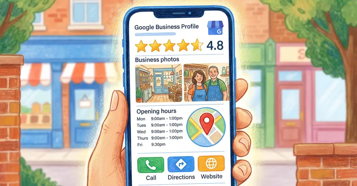 Pencil crayon illustration of a Google Business Profile listing on a phone screen with stars, photos, and business details highlighted