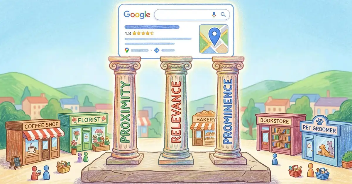 Colourful pencil crayon illustration showing the three pillars of local SEO ranking factors - proximity, relevance, and prominence - as supporting columns beneath a Google Local Pack result