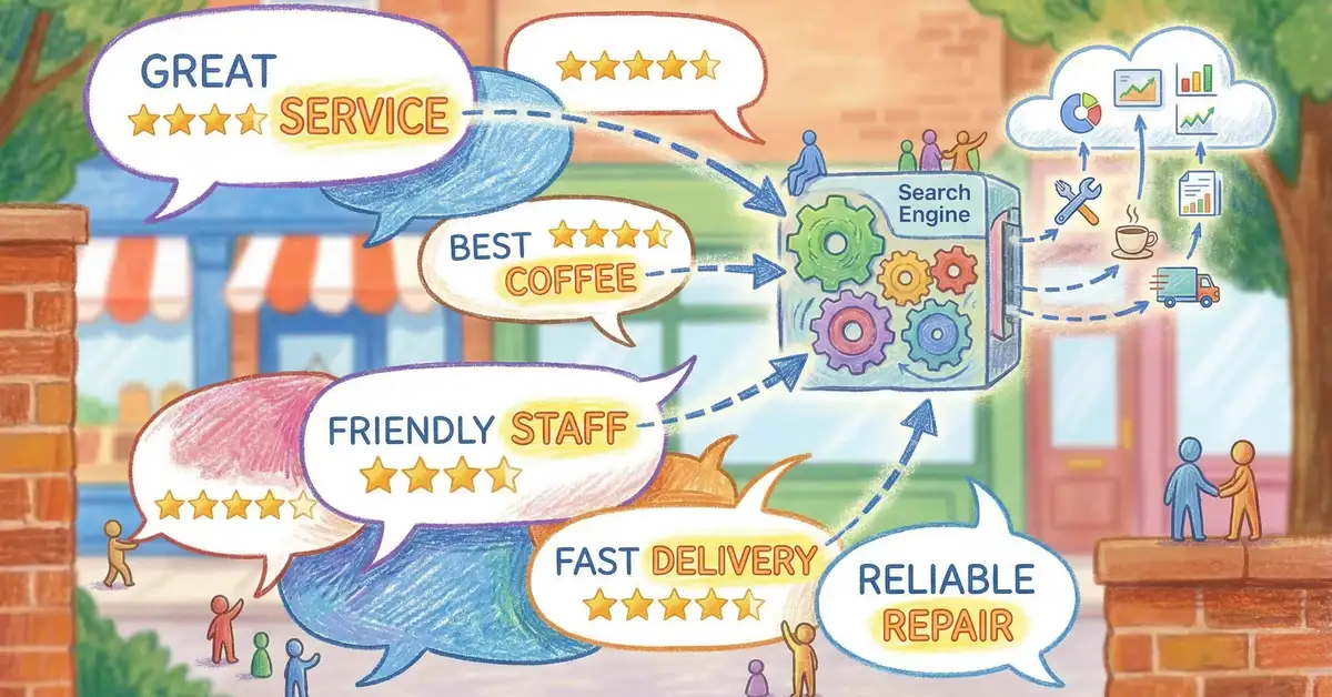 Pencil crayon illustration of customer review stars and speech bubbles with specific service mentions highlighted, showing how Google extracts relevance from review content