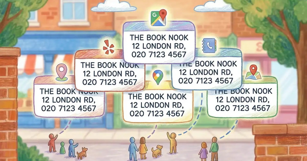 Pencil crayon illustration of business listing cards across multiple UK directory platforms showing identical NAP information, representing citation consistency