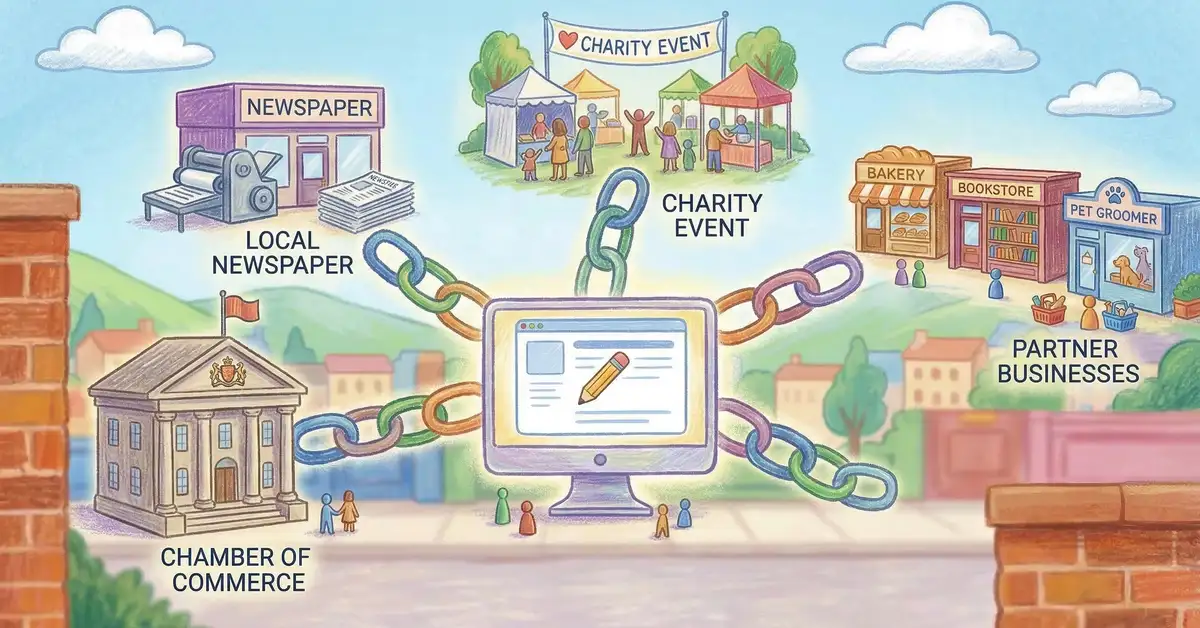 Colourful pencil crayon illustration showing local link building sources including a chamber of commerce, local newspaper, charity event, and partner businesses all connected by links to a small business website