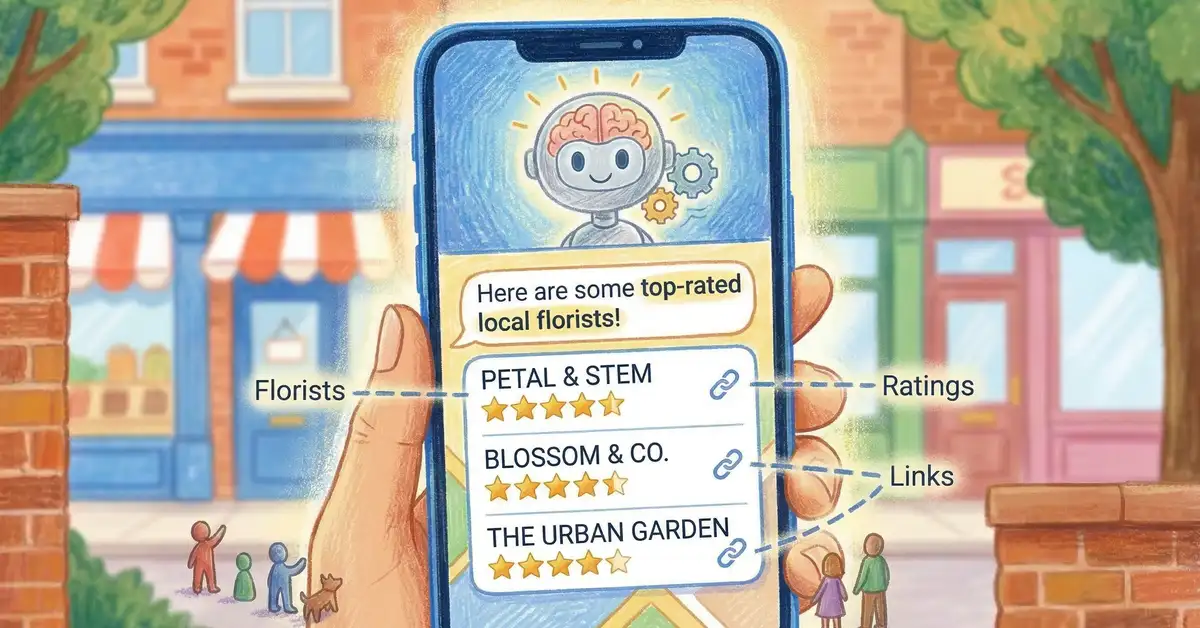 Pencil crayon illustration of an AI assistant on a phone screen recommending local businesses with citation links, showing how AI platforms surface local results differently from traditional search