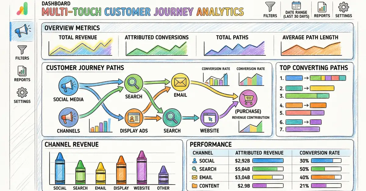 Marketing attribution dashboard showing multi-touch customer journey paths with revenue metrics and conversion data