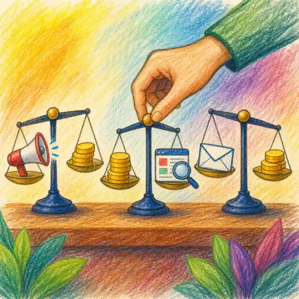Hand adjusting balance scales weighing coins against marketing channel icons, representing dividing a marketing budget between channels