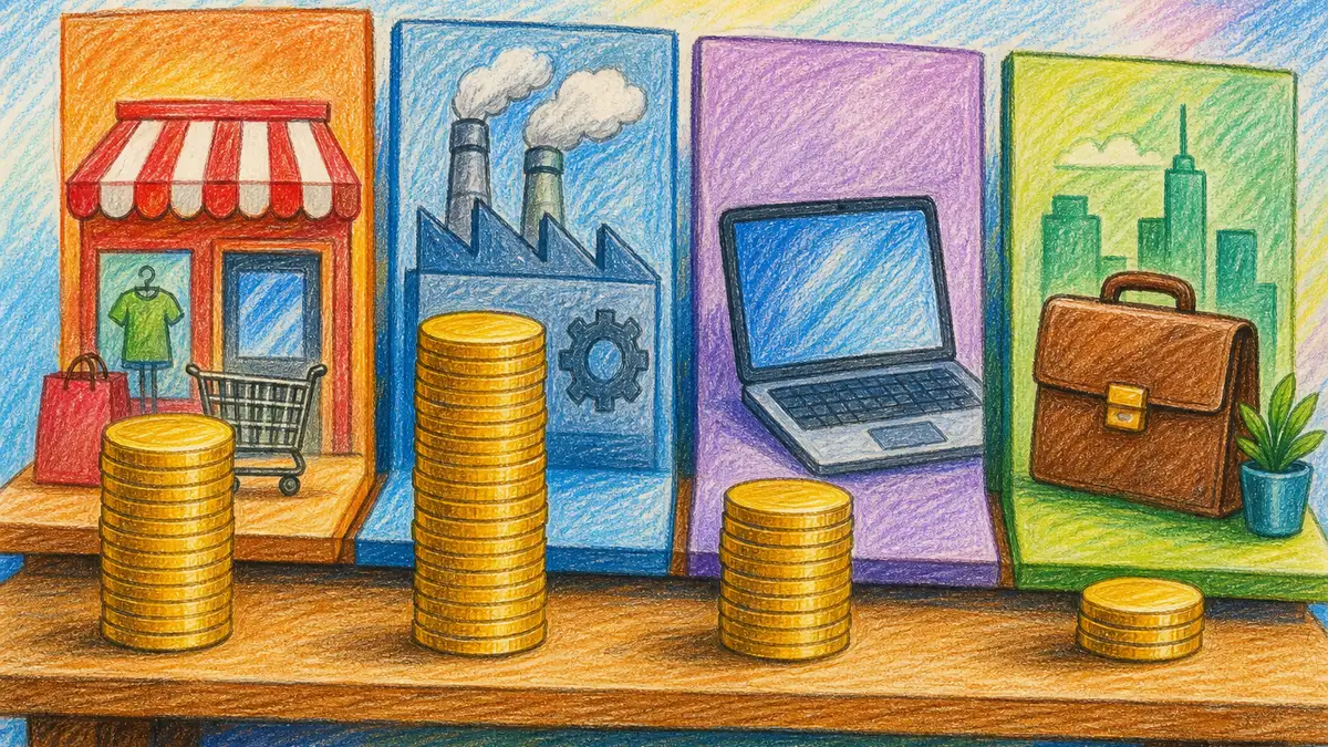 Illustration comparing marketing budget levels across industries with different-sized stacks of coins for retail, manufacturing, technology and professional services