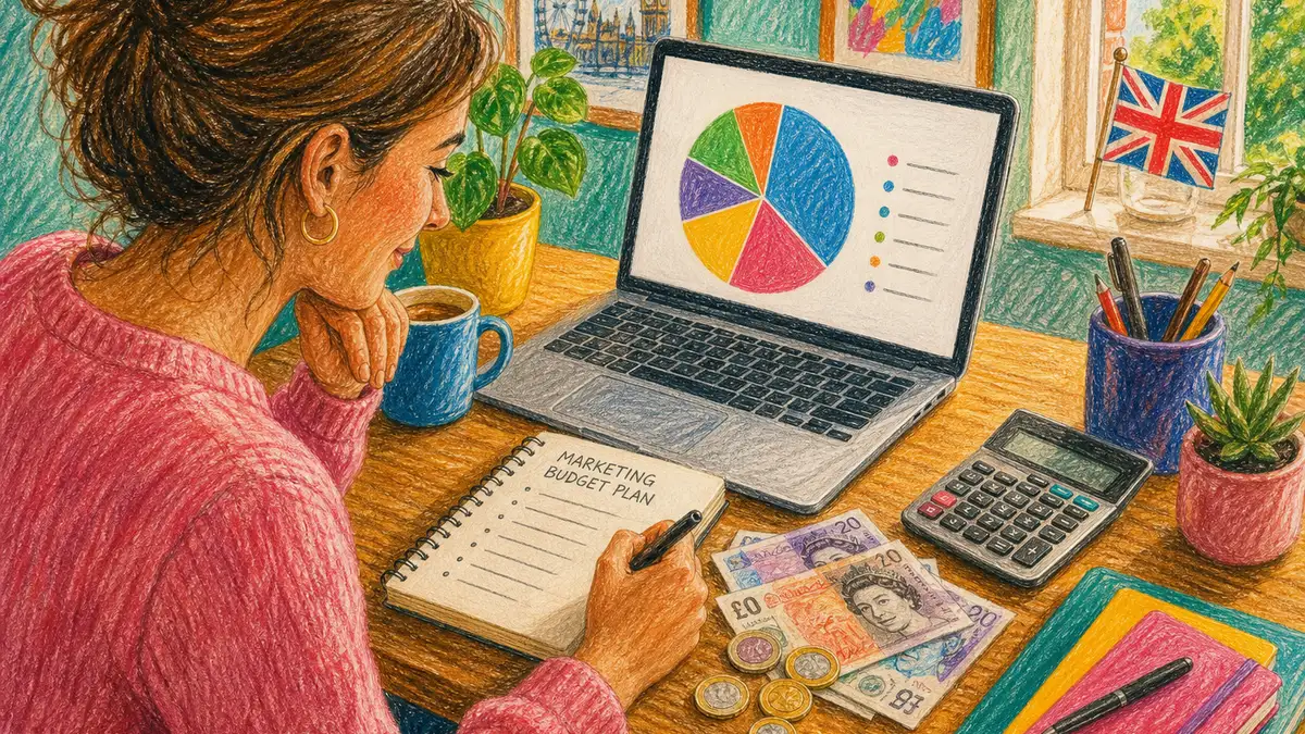 Business owner planning a marketing budget with a pie chart of marketing spend as a percentage of revenue, calculator and pound sterling notes